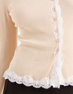 Miss Selfridge lace trim cardigan in beige | ASOS