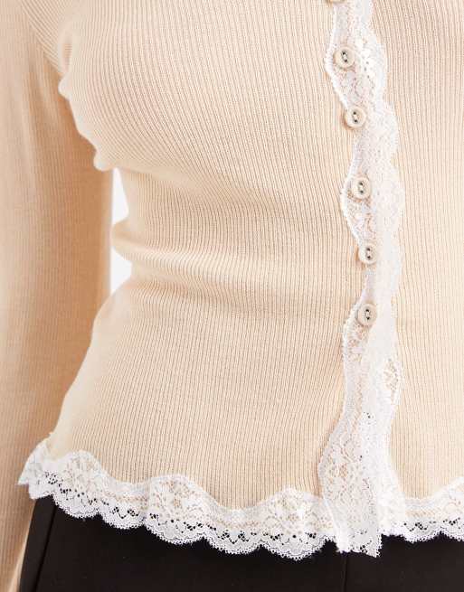 Miss Selfridge lace trim cardigan in beige | ASOS