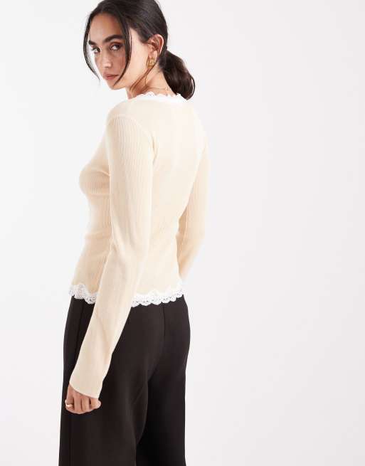 Miss Selfridge lace trim cardigan in beige, 4 of 4