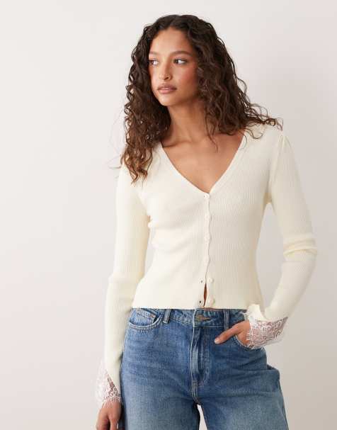 Miss Selfridge lace trim cardigan with flute sleeve - view 1