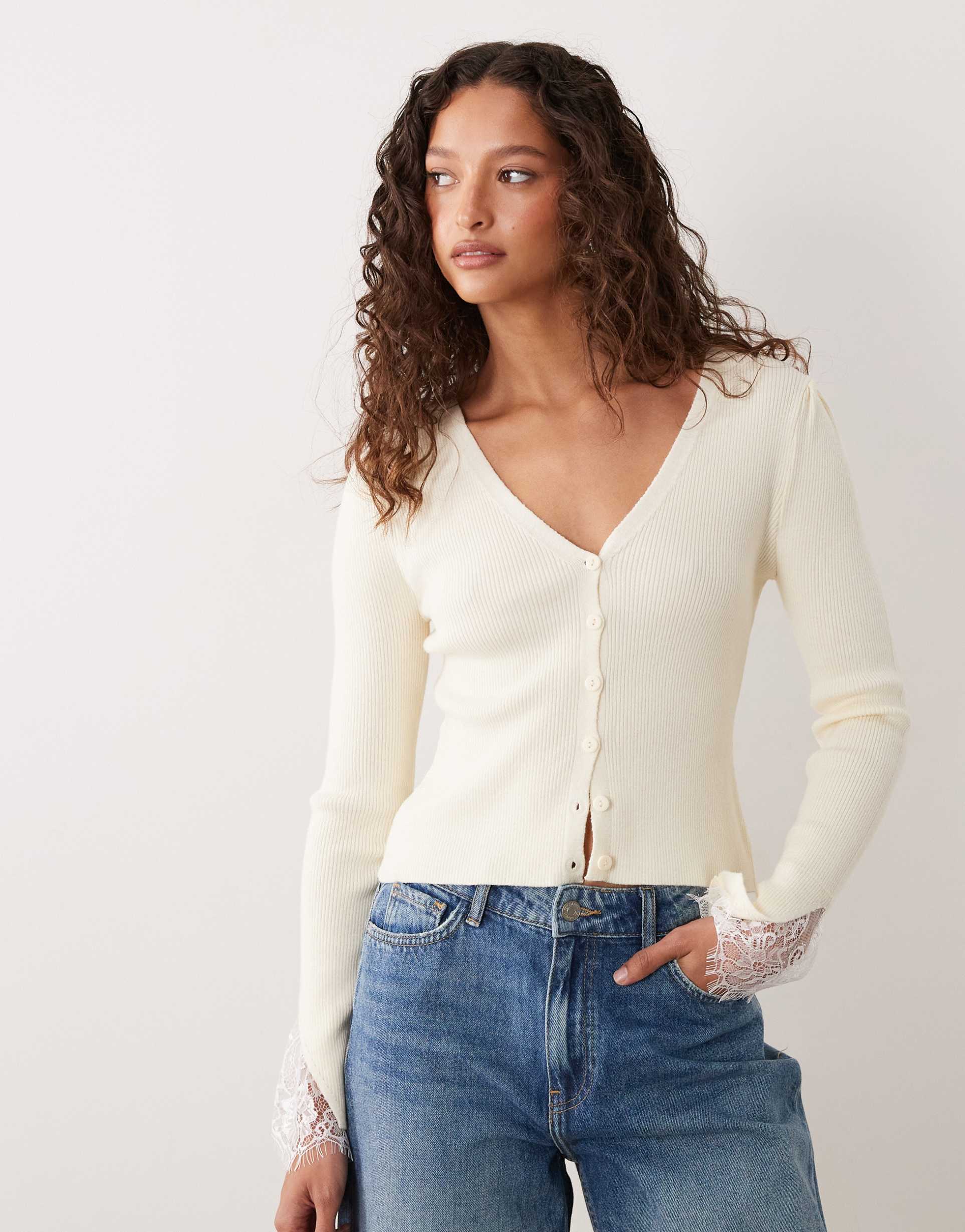 miss selfridge lace trim cardigan with fluted sleeves