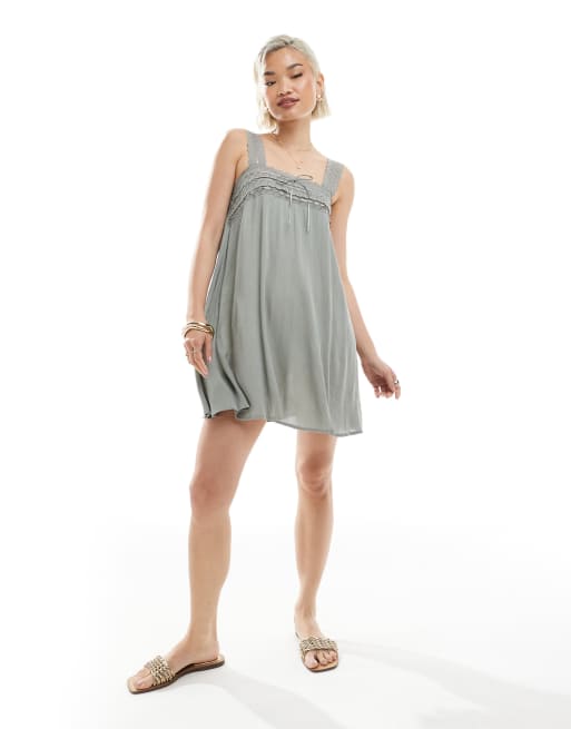 Miss Selfridge lace trim cheese cloth mini dress in grey | ASOS