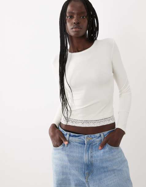 Miss Selfridge lace trim crew neck top in antique white - view 1
