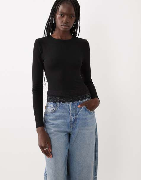 Miss Selfridge lace trim crew neck top in black - view 1
