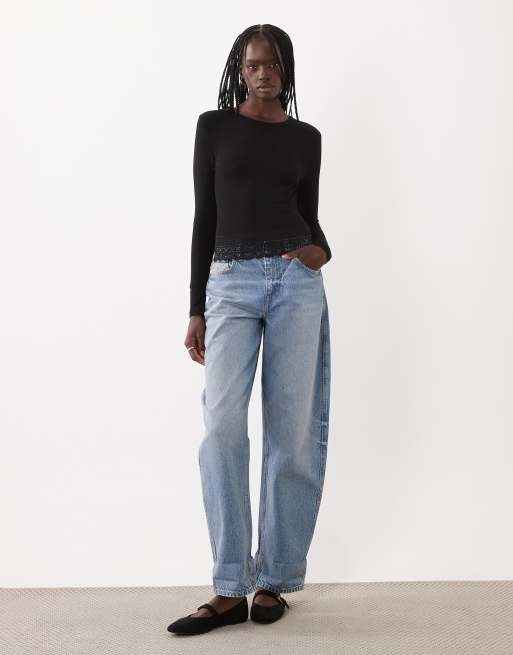 Miss Selfridge lace trim crew neck top in black, 2 of 4