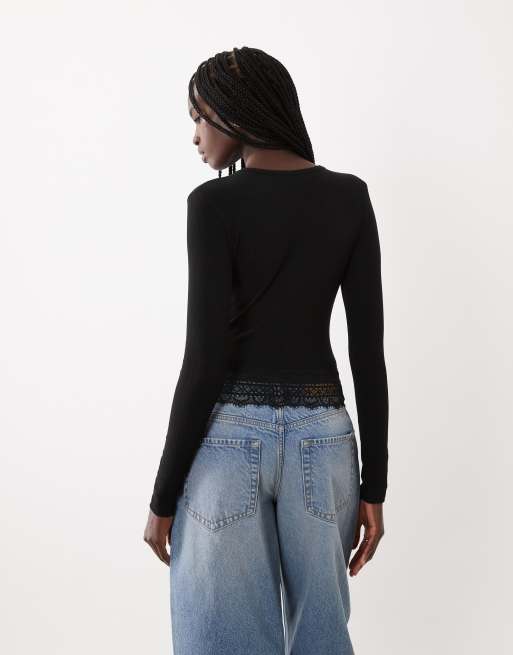 Miss Selfridge lace trim crew neck top in black, 3 of 4