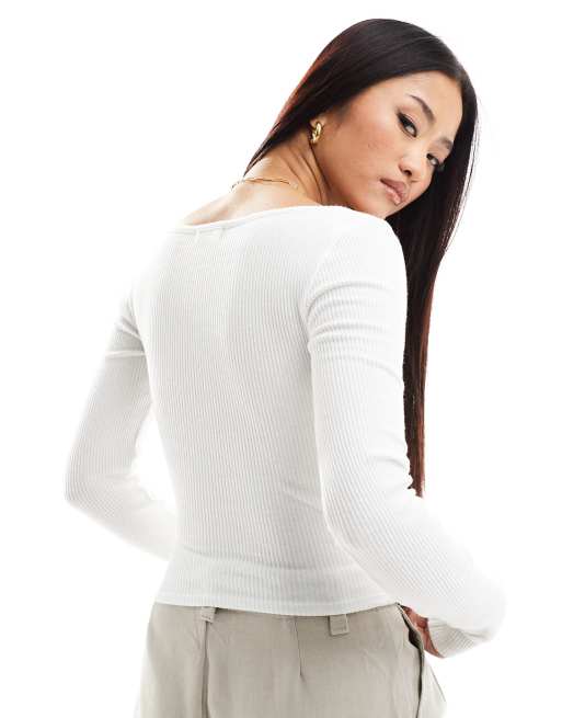 Miss Selfridge lace trim detail rib long sleeve top in white, 4 of 4