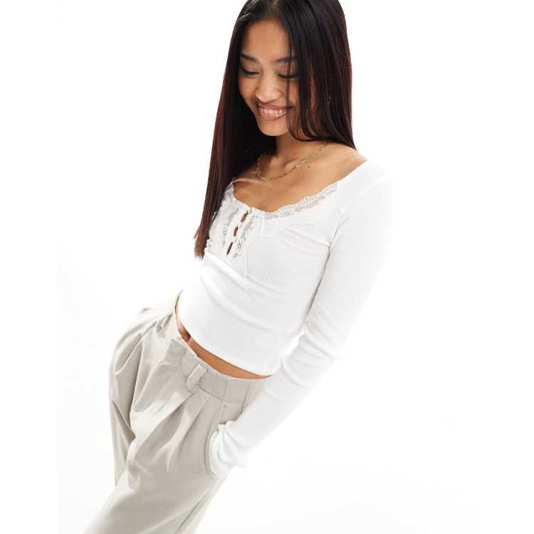 トップス Ravioli Lace-Trim Button-Up Top_White Button-down-with-Lace-Shirt-in
