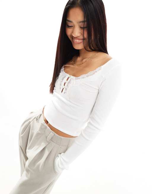 Miss Selfridge lace trim detail ribbed long sleeve top in white