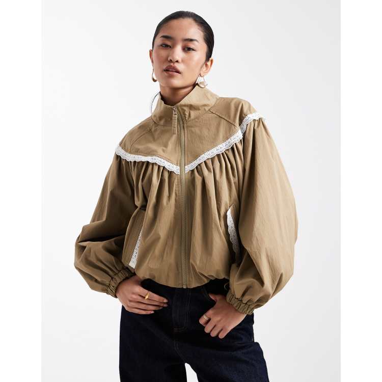 Miss Selfridge lace trim funnel neck track jacket in khaki | ASOS