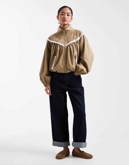 Miss Selfridge lace trim funnel neck track jacket in khaki, 2 of 4