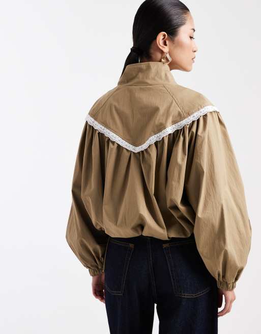Miss Selfridge lace trim funnel neck track jacket in khaki, 4 of 4