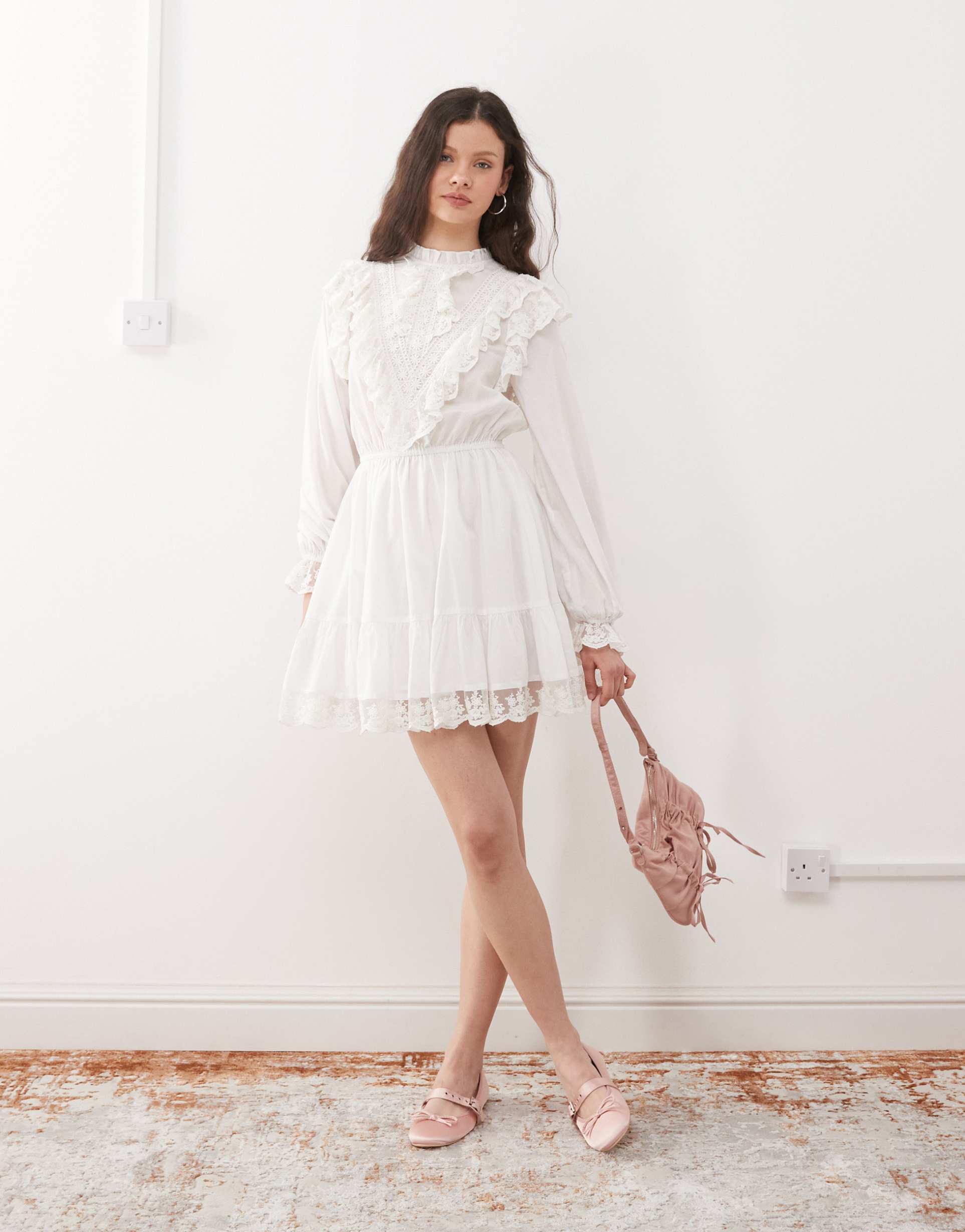 miss selfridge lace trim heritage woven mini dress in white