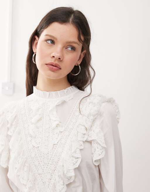 Miss Selfridge lace trim heritage woven mini dress in White