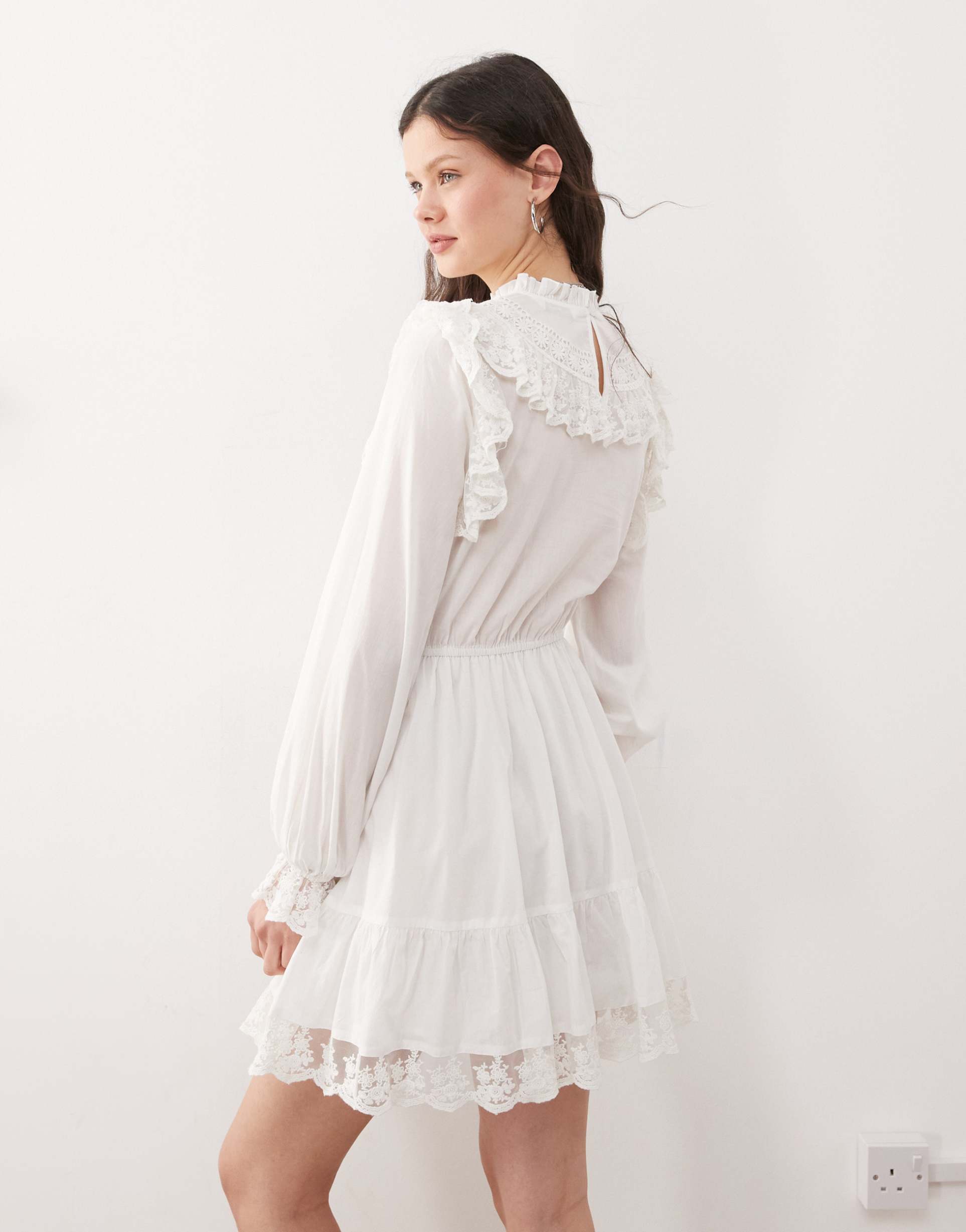 miss selfridge lace trim heritage woven mini dress in white