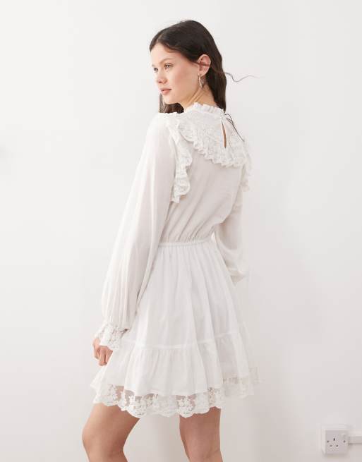 Miss Selfridge lace trim heritage woven mini dress in white ASOS - Main Image