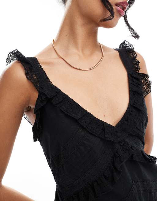 Miss Selfridge lace trim insert strappy tiered mini dress in black ASOS