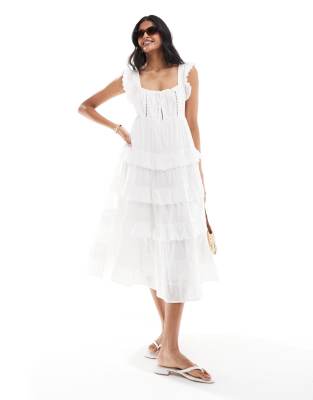 lace trim insert tiered midi sundress in ivory-White