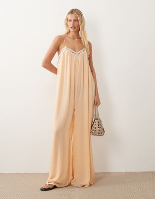 Miss Selfridge Lace Trim Jumpsuit In Orange