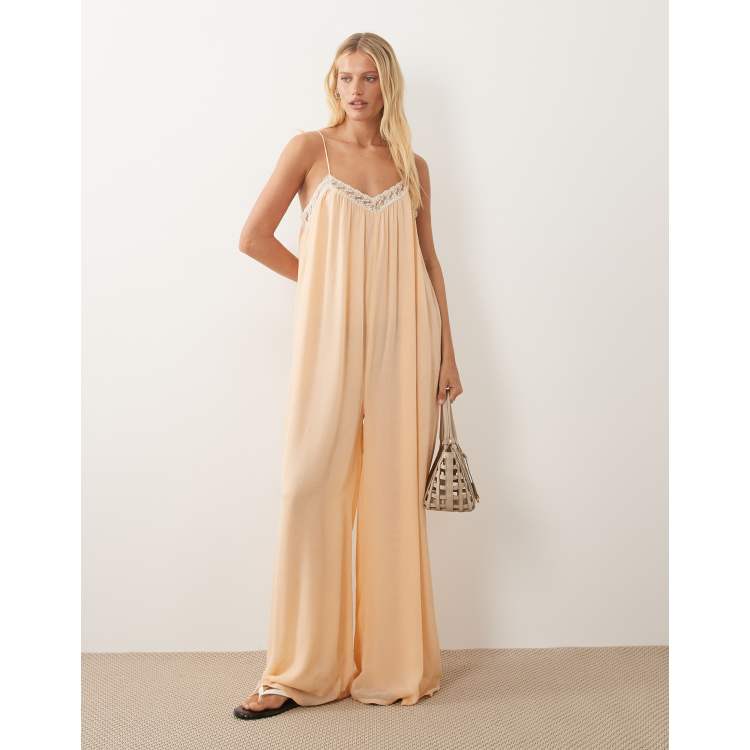 Miss Selfridge lace trim jumpsuit in peach | ASOS