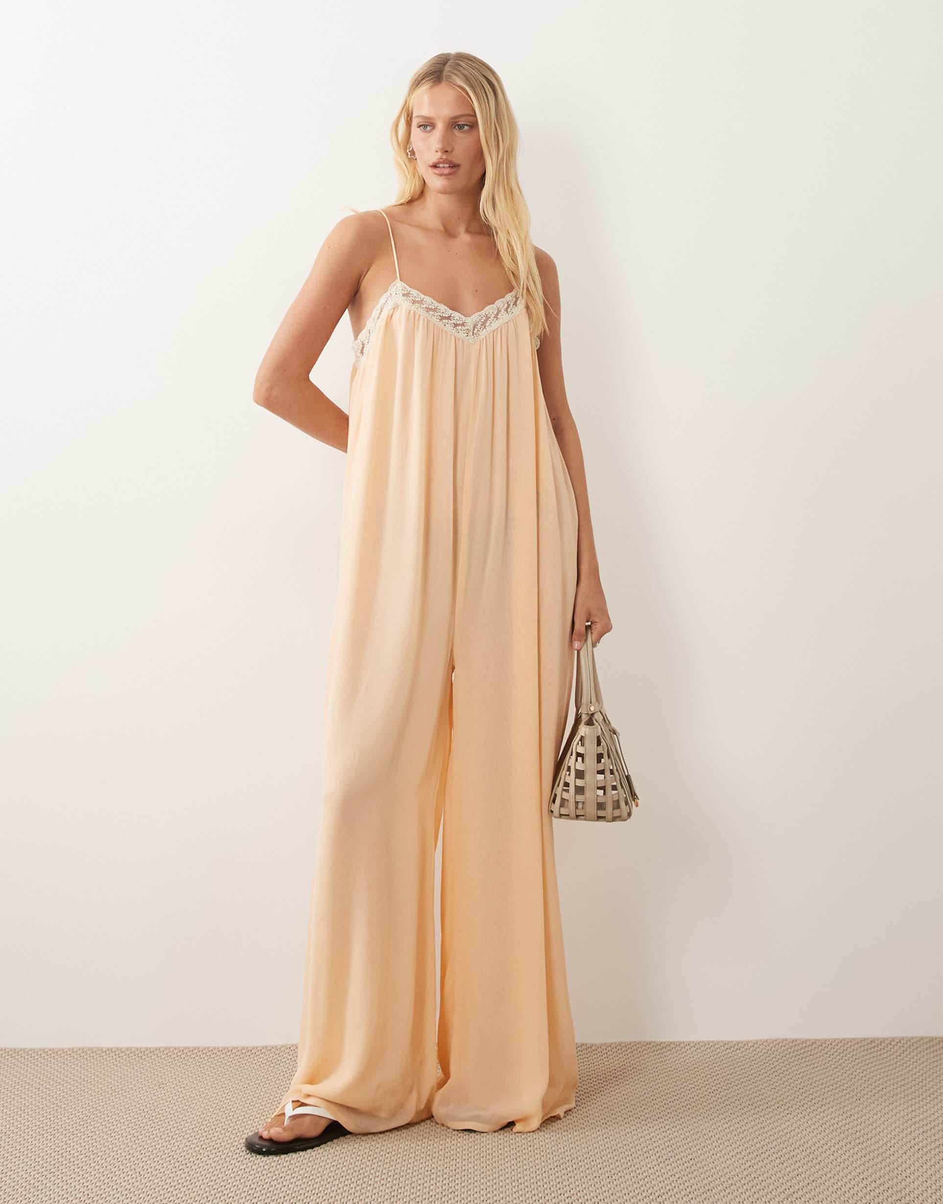 miss selfridge lace trim jumpsuit in peach