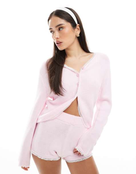 Miss Selfridge lace trim knit cardigan in pink - part of a set - view 1