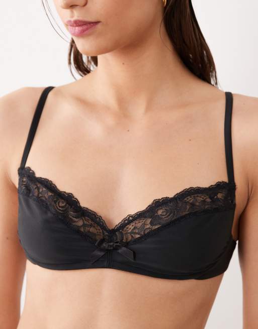 Miss Selfridge lace trim micro bralet bikini top in black, 2 of 4