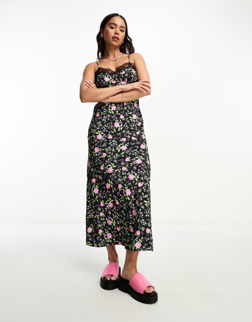 Miss Selfridge lace trim midi slip dress in floral print