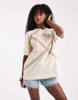 Miss Selfridge Lace Trim Oversized Tee In Brown