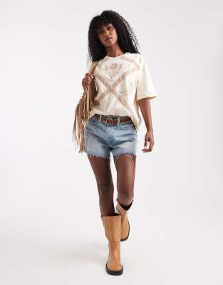 Miss Selfridge Lace Trim Oversized Tee In Brown