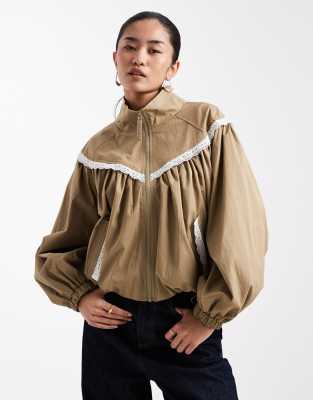 Miss Selfridge lace trim overszied bomber jacket in khaki