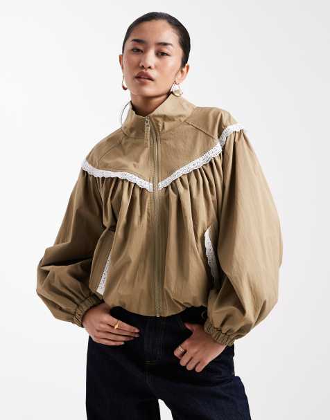 Miss Selfridge lace trim funnel neck track jacket in khaki