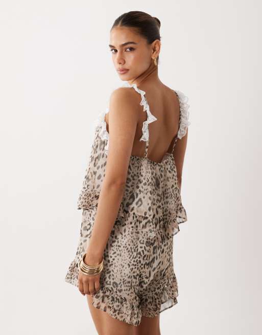 Miss Selfridge lace trim playsuit in leopard print, 4 of 4