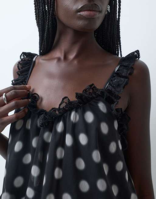 Miss Selfridge lace trim playsuit in polka dot, 2 of 5