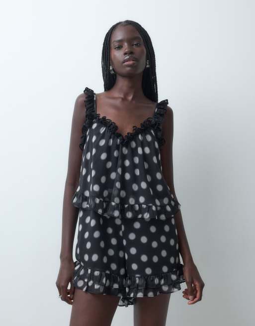 Miss Selfridge lace trim playsuit in polka dot, 4 of 5