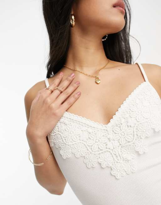 Miss Selfridge lace trim rib cami midi dress in off white , 2 of 4