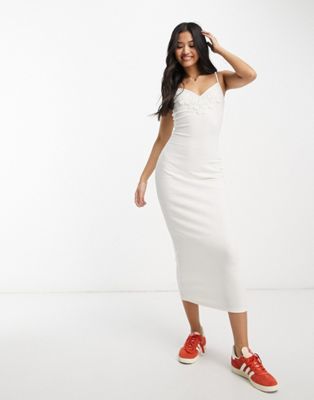 Miss Selfridge lace trim rib cami mini dress in off white | ASOS