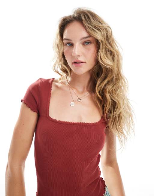 Miss Selfridge lace trim rib knit short sleeve top in red