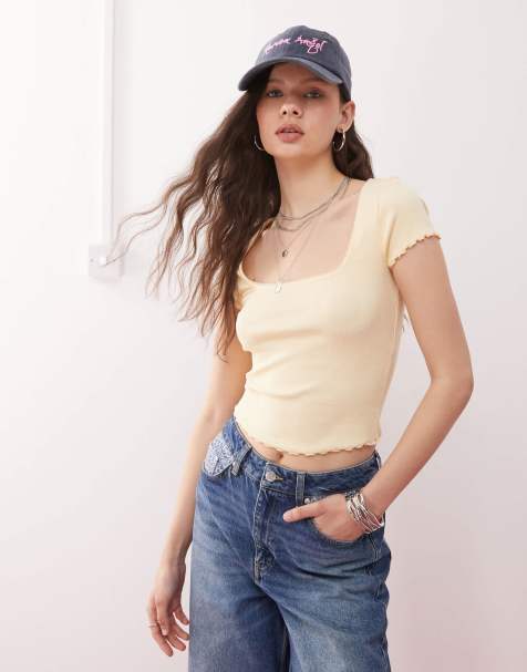 Miss Selfridge lace trim rib short sleeve top in buttermilk - view 1