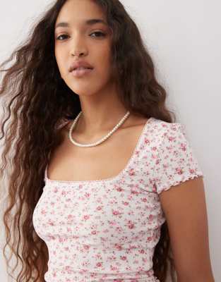 Miss Selfridge lace trim rib short sleeve top in ditsy floral-Multi