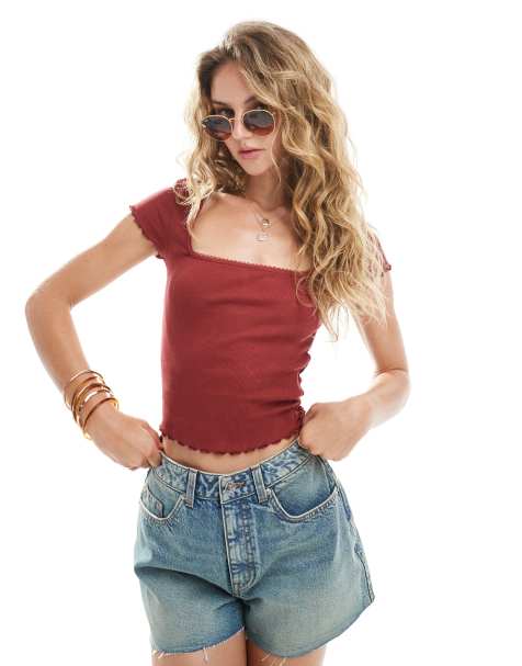Miss Selfridge lace trim rib short sleeve top in red - view 1