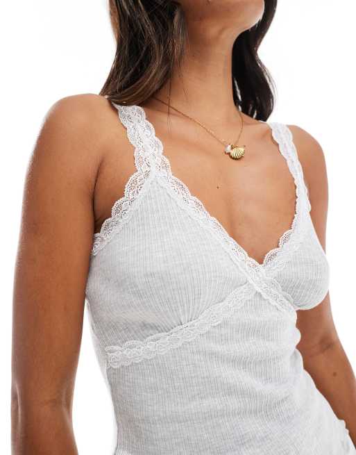 Miss Selfridge lace trim ribbed cami top in light gray