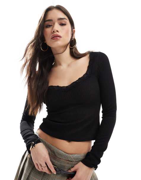 Miss Selfridge lace trim ribbed long sleeve top - view 1