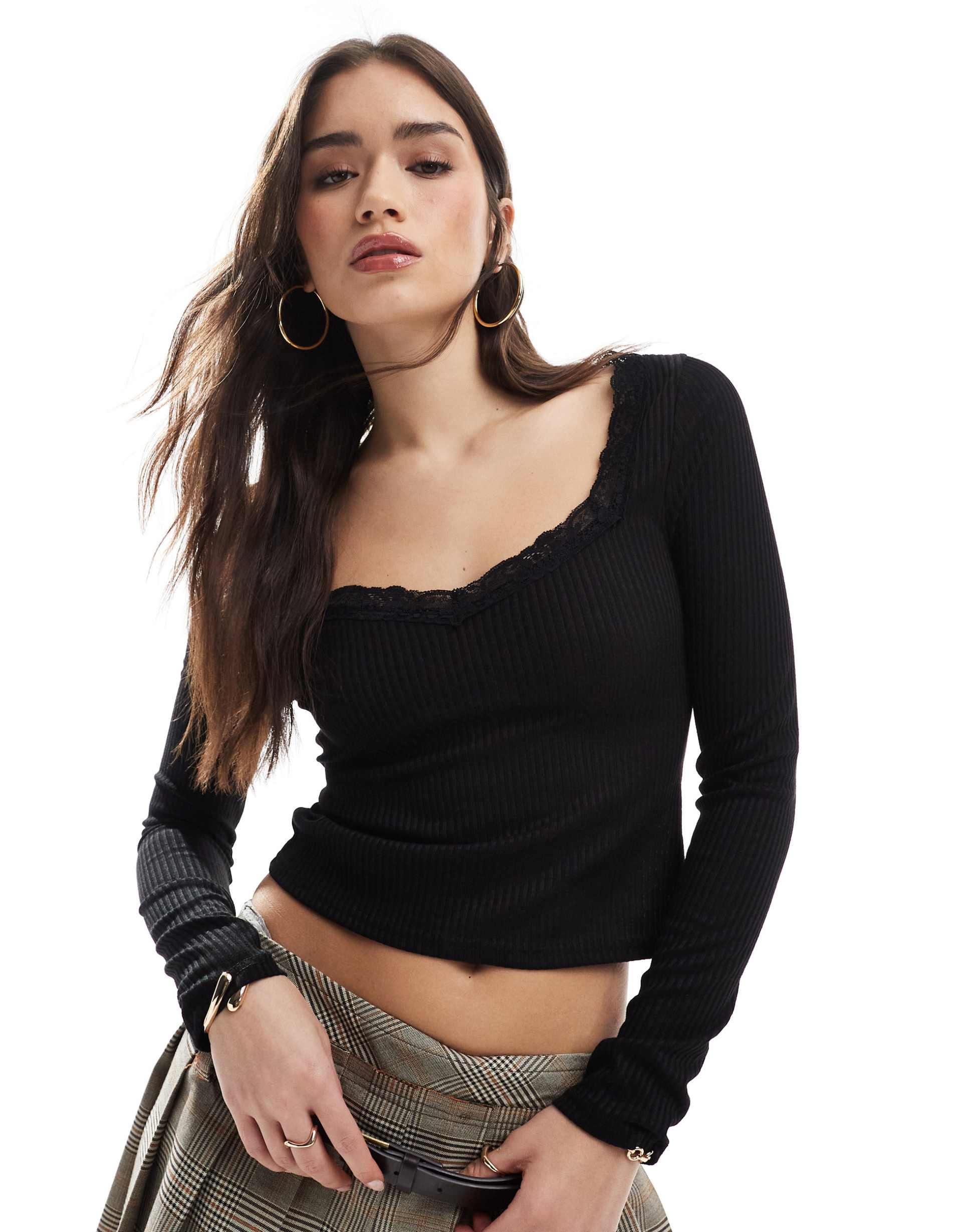 miss selfridge lace trim ribbed long sleeve top