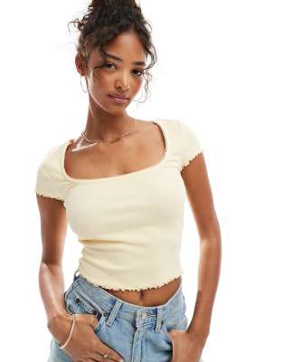 Miss Selfridge Lace Trim Ribbed Short Sleeve Top In Multi