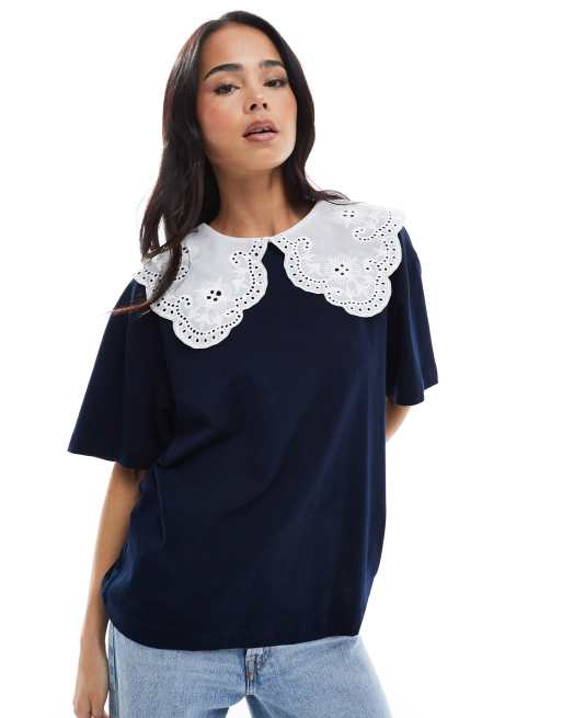 Miss Selfridge lace trim sailor collar t-shirt in navy