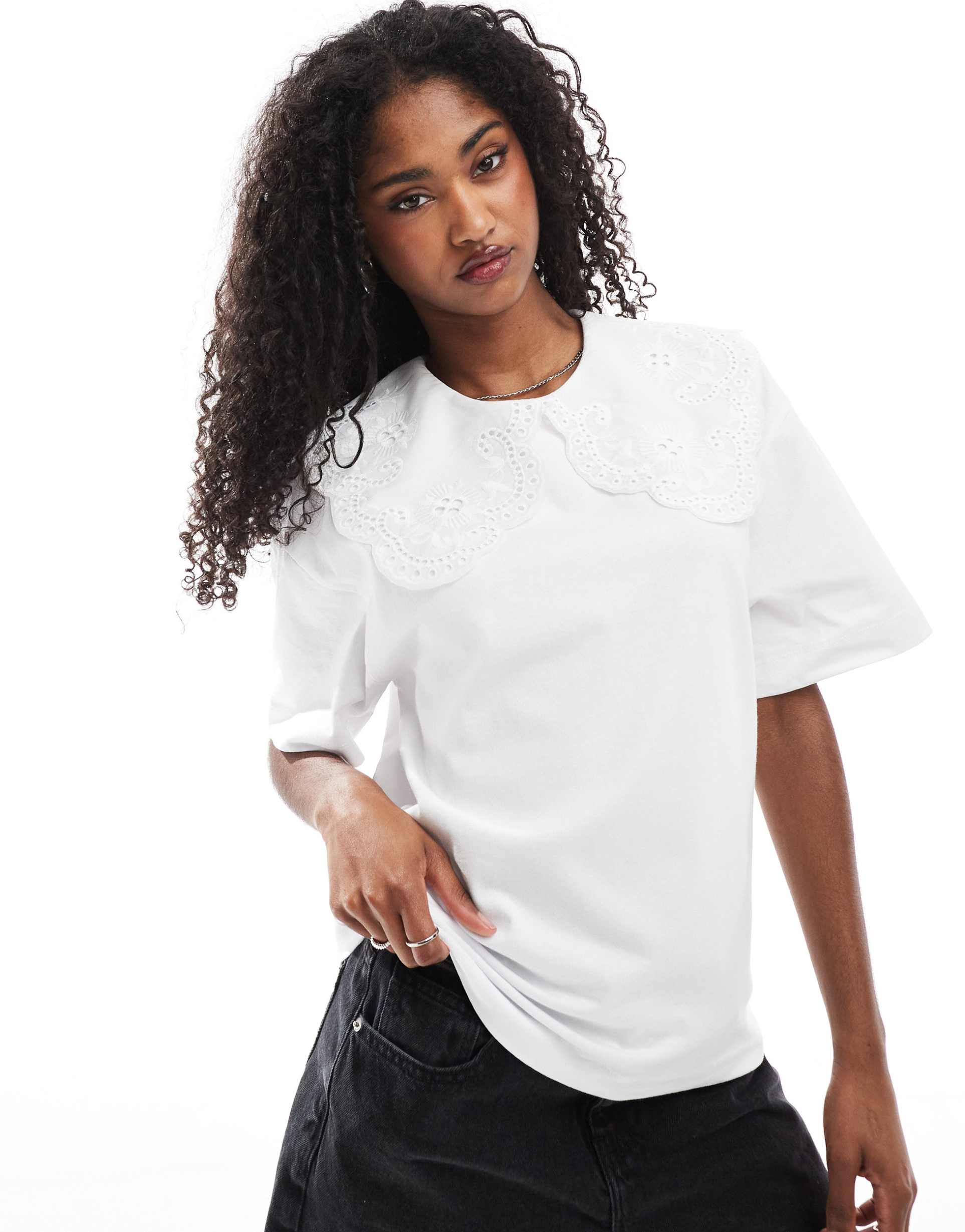 miss selfridge lace trim sailor collar t-shirt in white