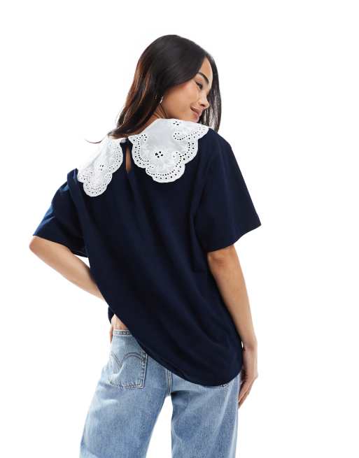 Miss Selfridge lace trim sailor collar tshirt in navy, 4 of 4