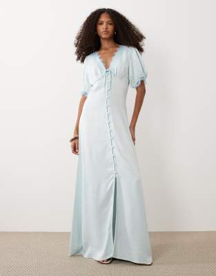 Miss Selfridge Lace Trim Satin Button Up Maxi Dress In Blue