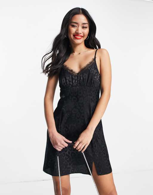 Black Lace Trim Satin Mini Dress